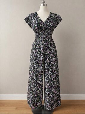 Floral Smocked-Waist Wide-Leg Jumpsuit - Black/Pink